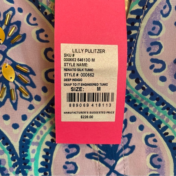 LILLY PULITZER 100% Silk Renato Tunic Deep Indigo Sea Turtle Gold Embellishment - Picture 5 of 11